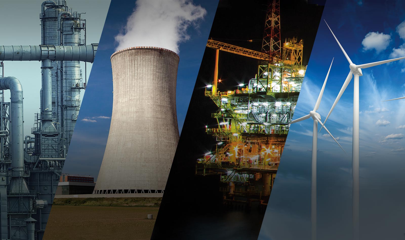 A collage of industries served by Hayward Tyler: Power, Nuclear, Oil & Gas, and Renewables.